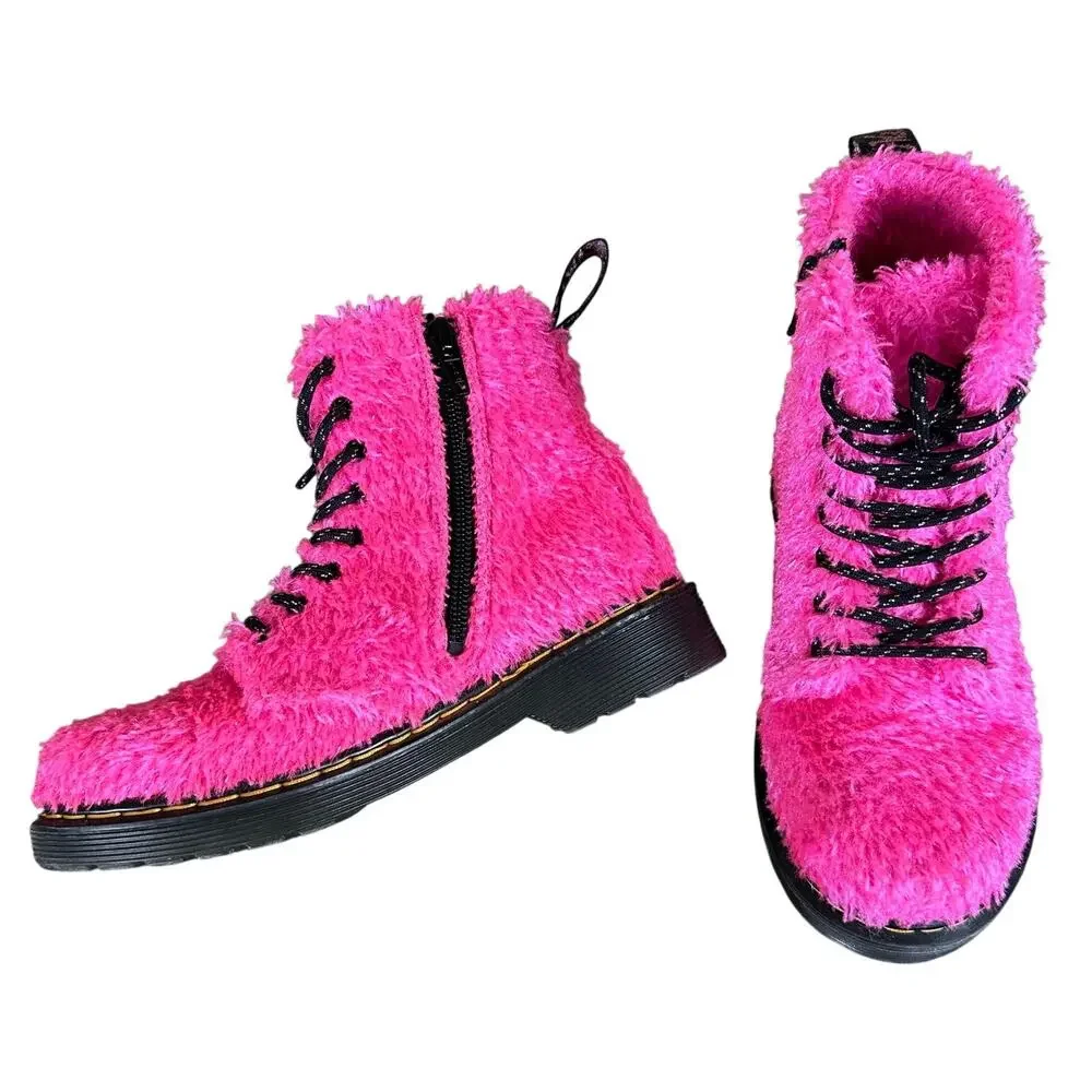 Junior 1460 Pascal Tinsel Fur Lace Up Boots in Pink, Size 1 US